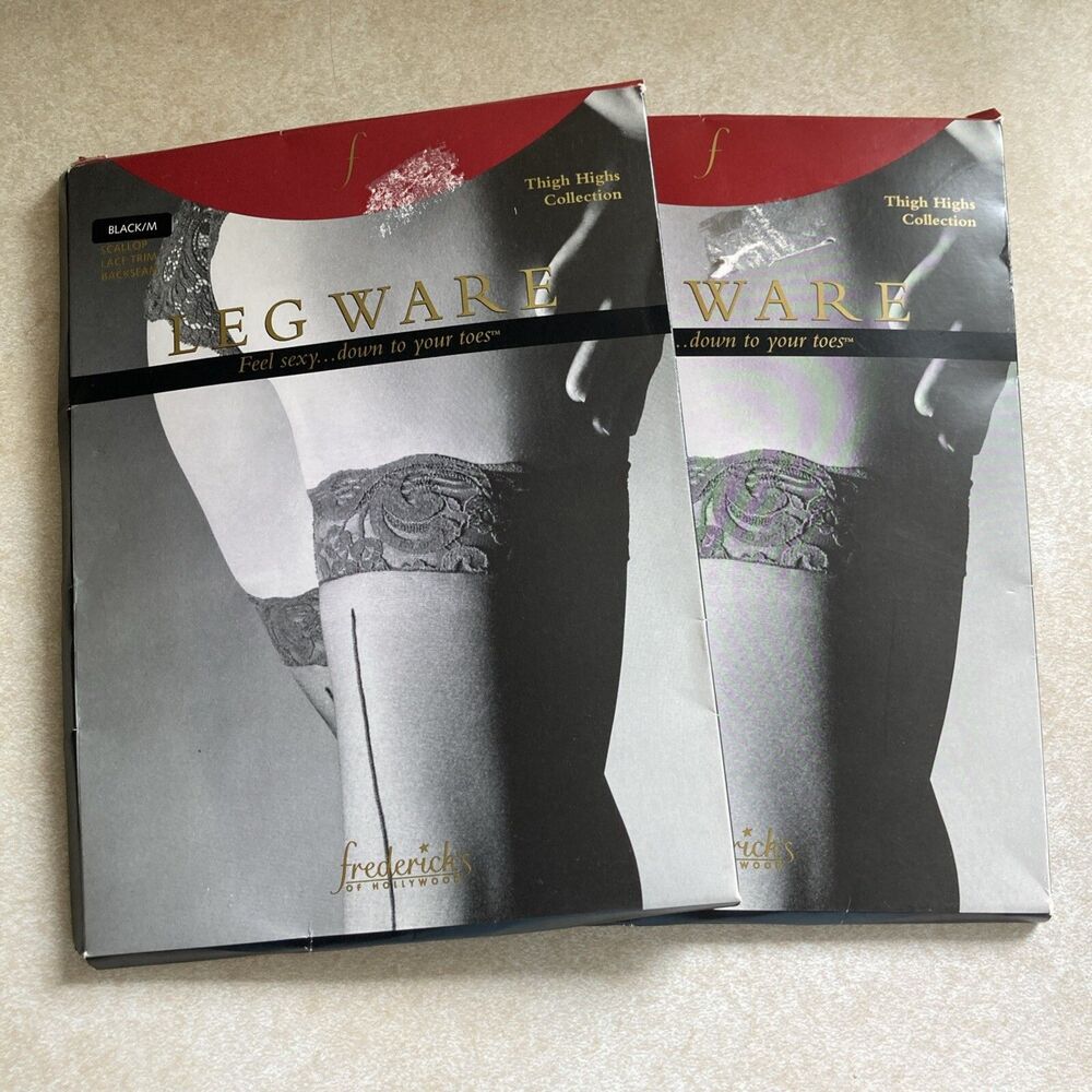 NOS Vtg Fredricks Of Hollywood Thigh High Lot Of 2 Black Scallop Lace Medium